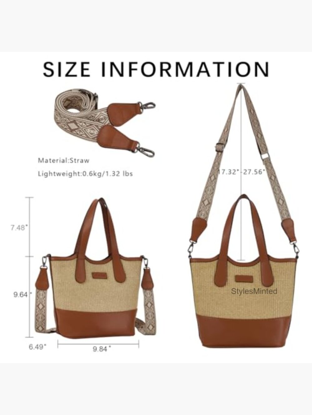 Straw & Vegan Leather Bucket Tote Bag Crossbody Top Handle Purse - Picture 5 of 7